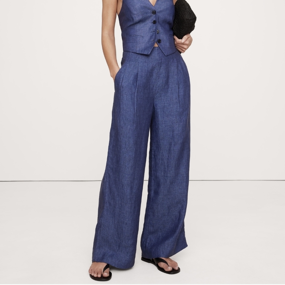 Banana Republic Wide Leg Linen Pant Blue NWT
